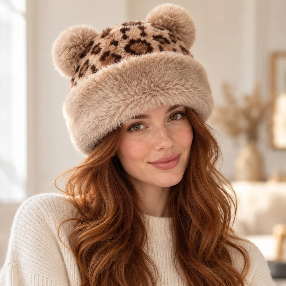 Bonnet léopard peluche à oreilles · porté par une femme