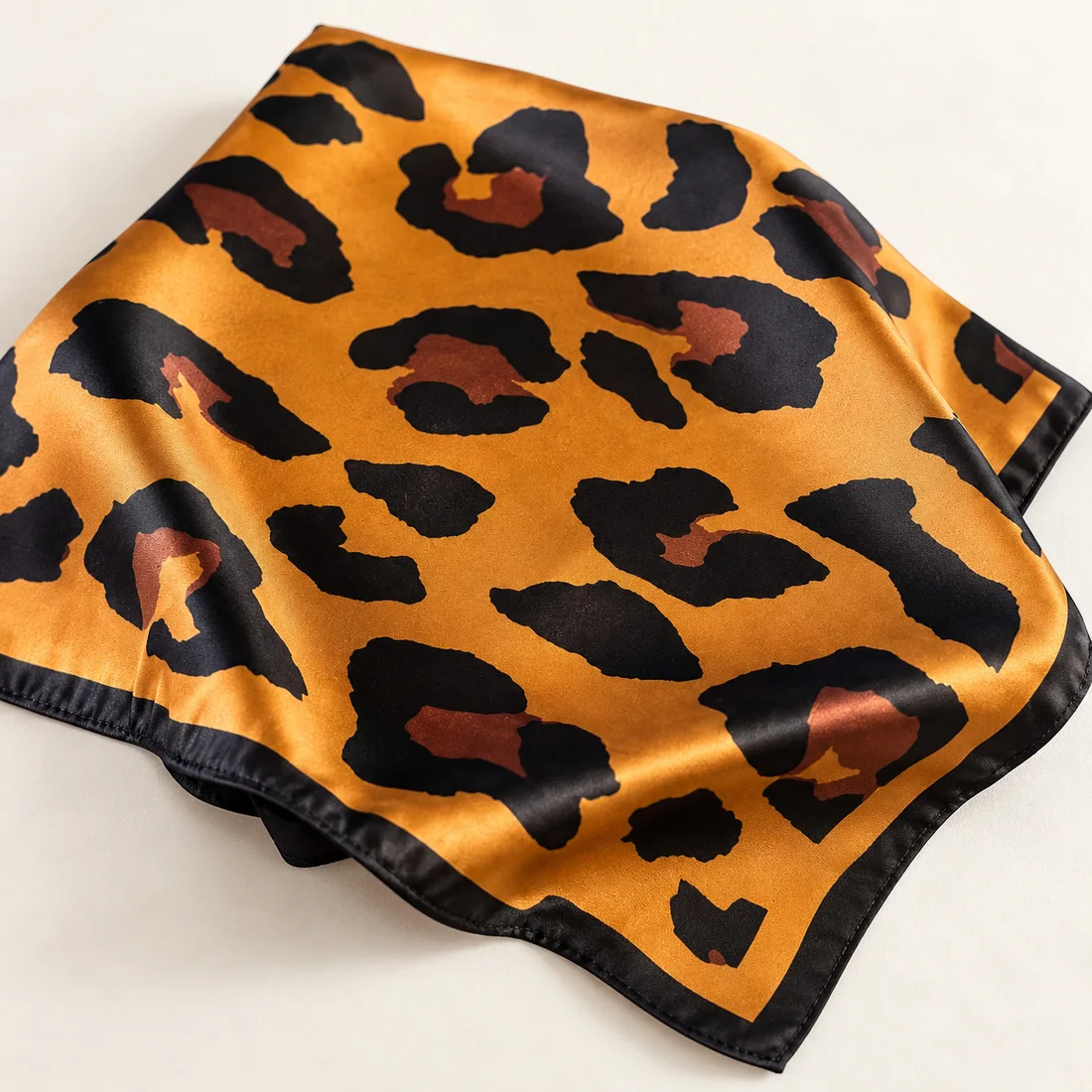 Foulard léopard carré ocre · détail du motif