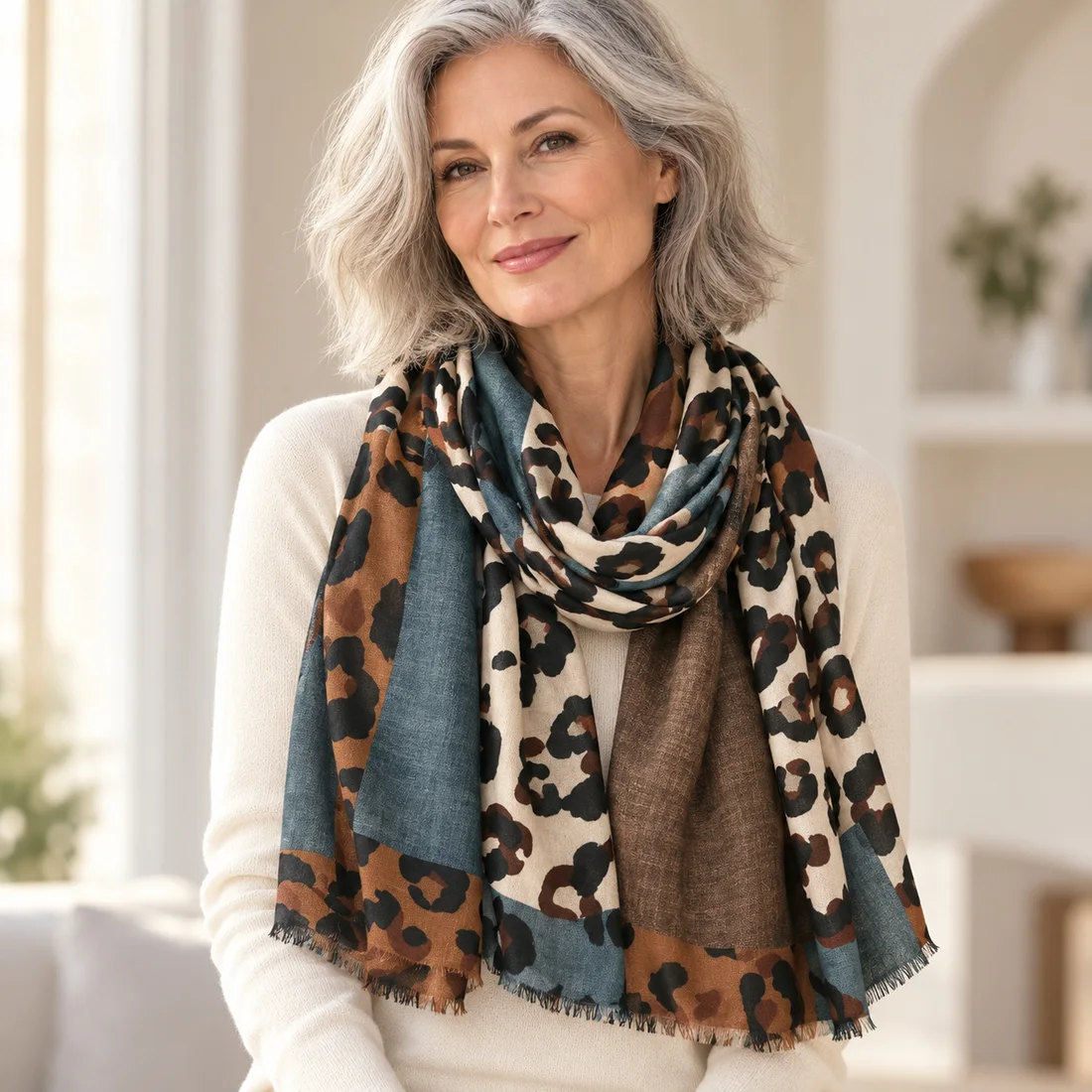 Foulard léopard mosaïque pétrole · porté par une femme