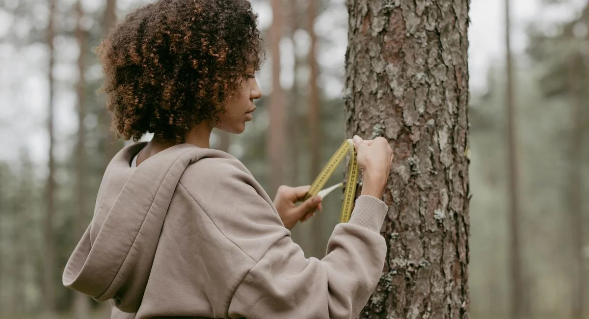A woman in a forest measuring a tree trunk with a tape measure.